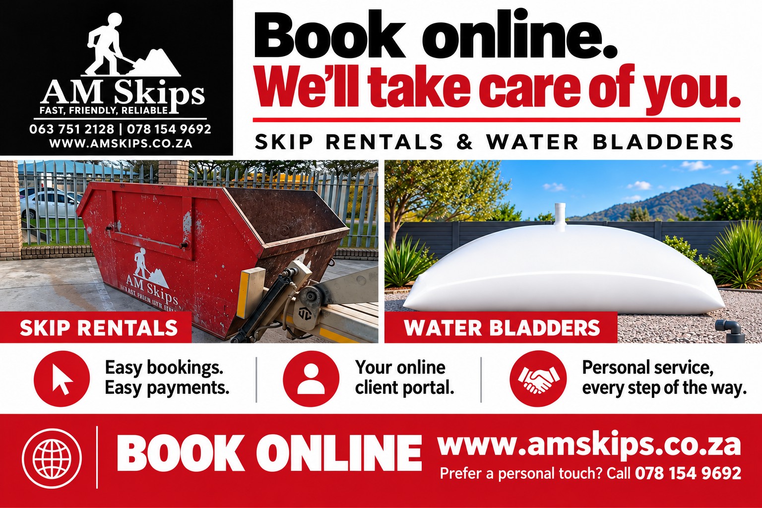 AM Skips - Skip Rentals & Water Bladders in George — Book Online with AM Skips